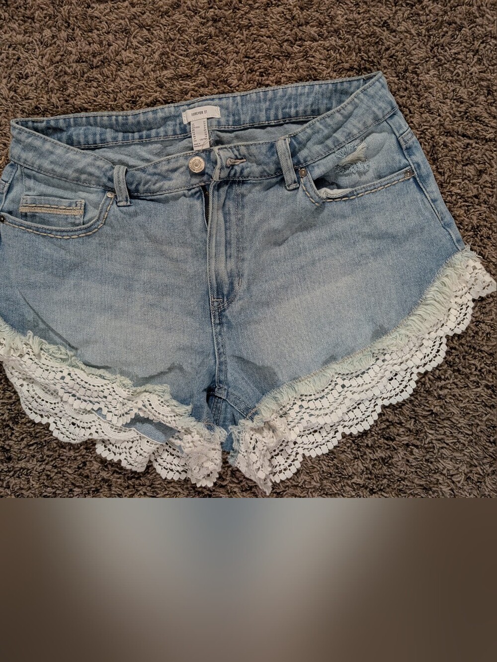 Forever 21 Light Blue Denim Shorts with White Crochet Trim